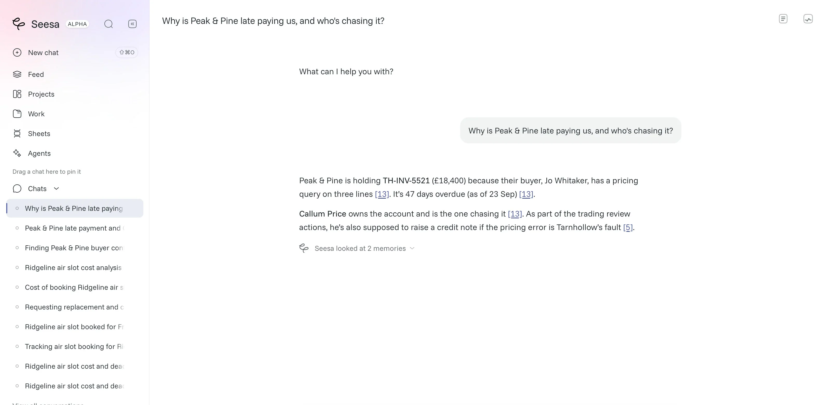 Seesa answering why an invoice is overdue, with citations to the company records