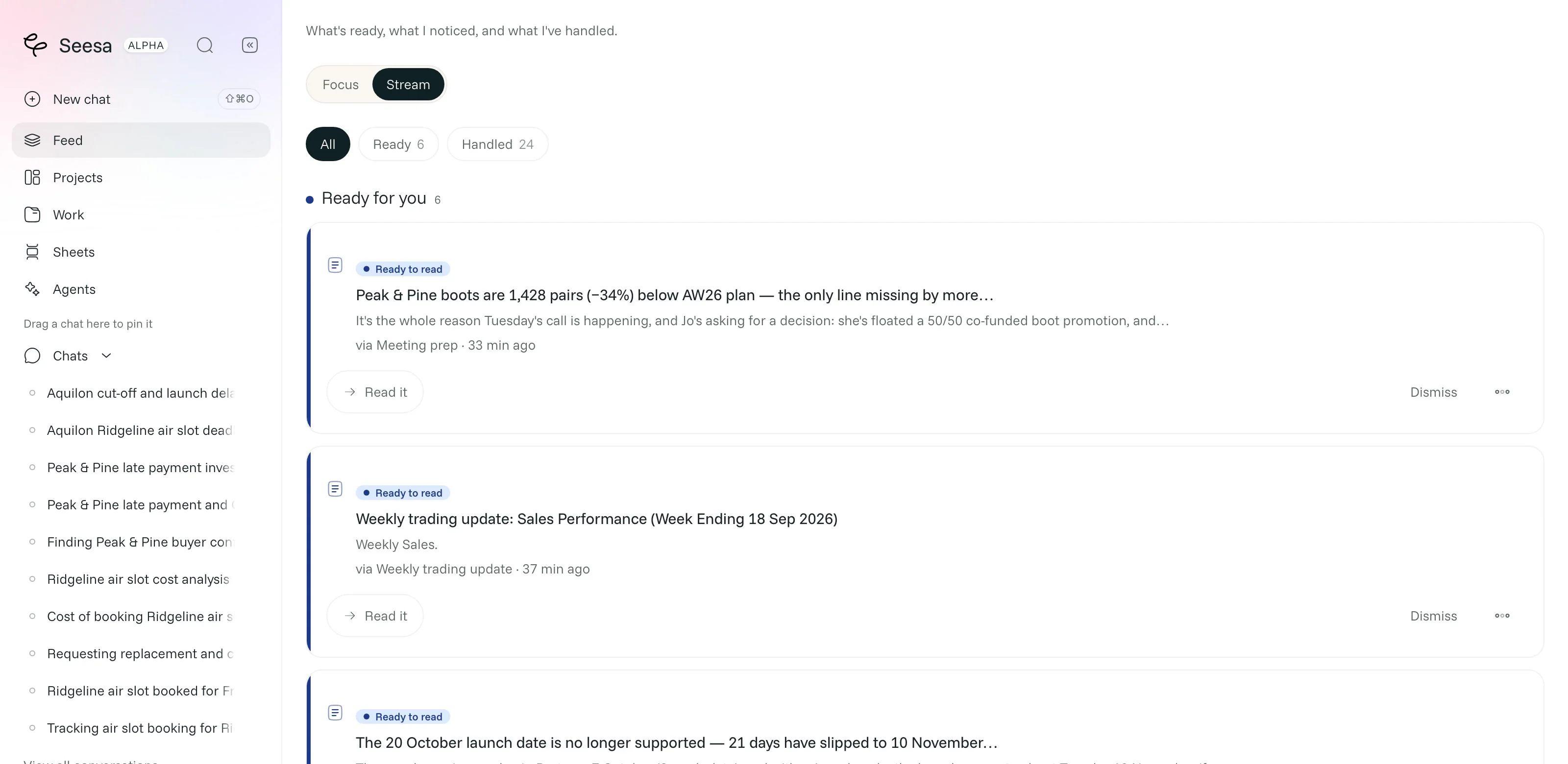 The Seesa feed showing meeting preparation, a weekly trading update and a launch risk